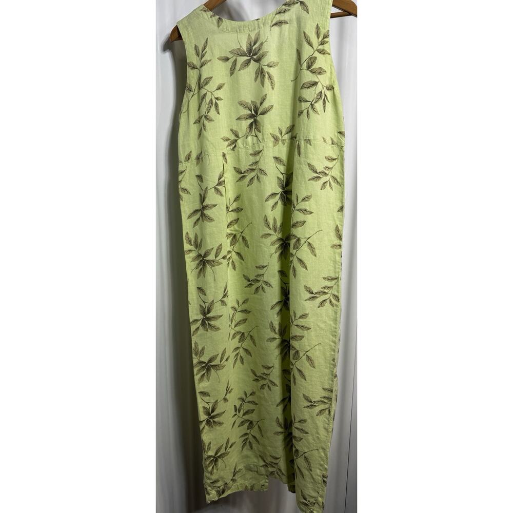Russ Berens Malibu USA Green 100% Linen & Leaves Tank Maxi Dress Size Medium